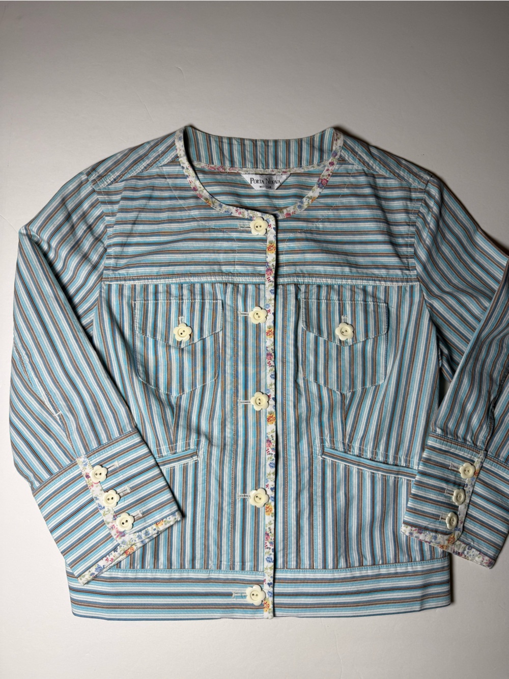 Vintage Porta Nuova Blue Striped Floral Trim Cotton Button Front Jacket.  Small
